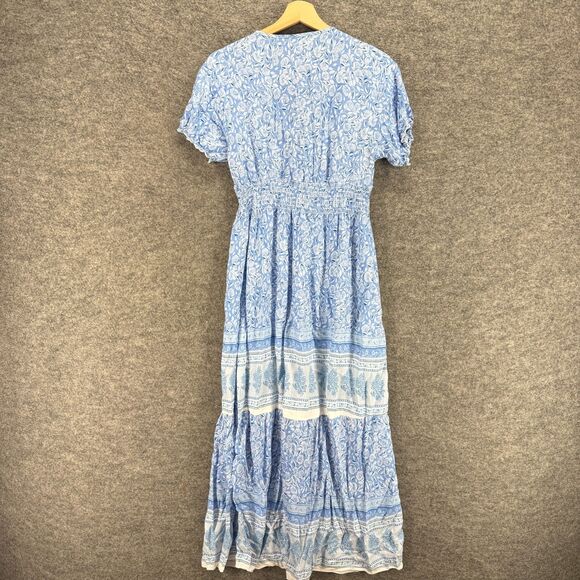 Seven Islands Dress Women L Large Blue Floral Maxi Long V-Neck Elastic Waist - Picture 2 of 6